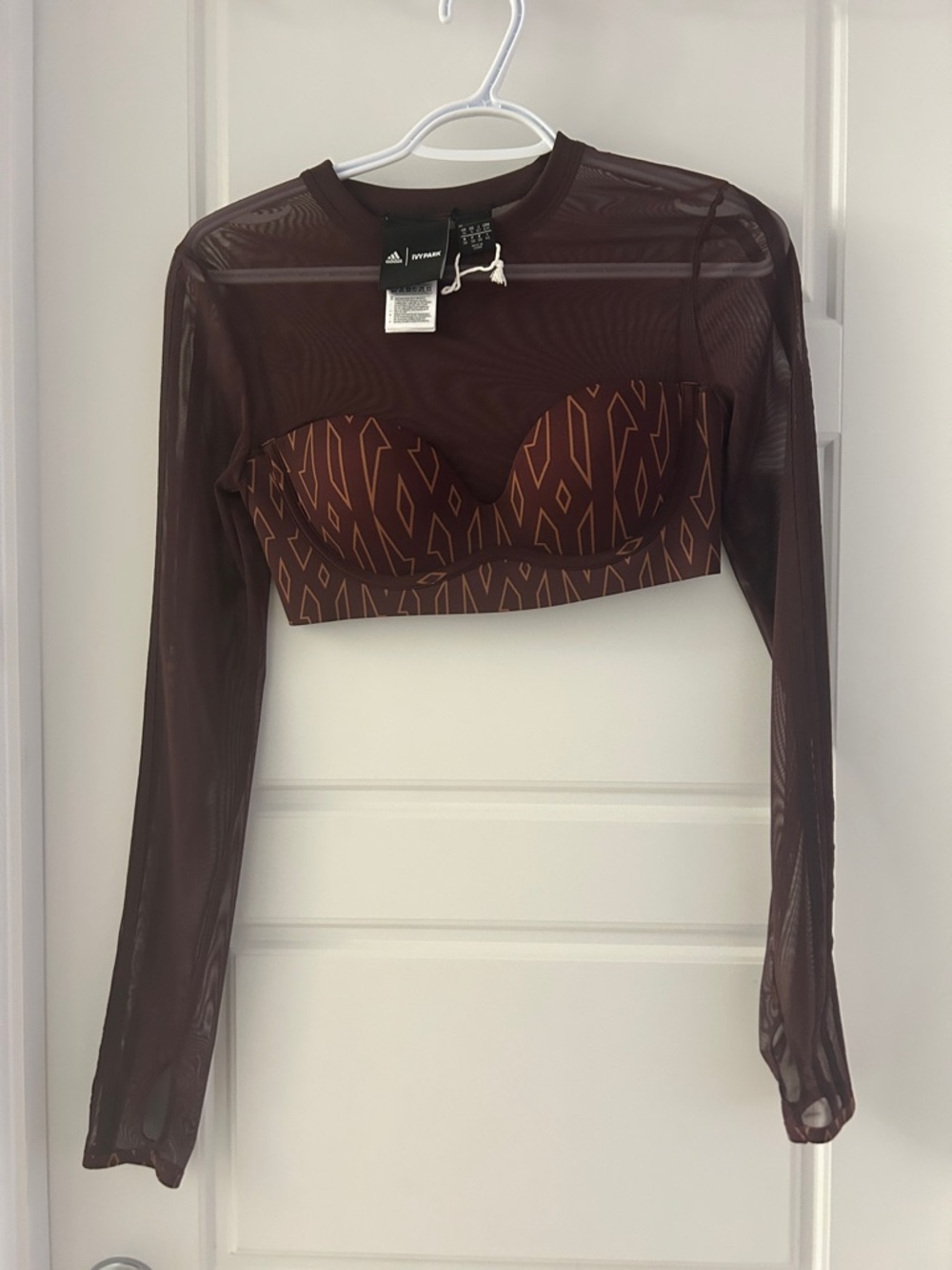 IVY PARK Brown Sheer Long-Sleeve Mesh Crop Top with Patterned Bandeau